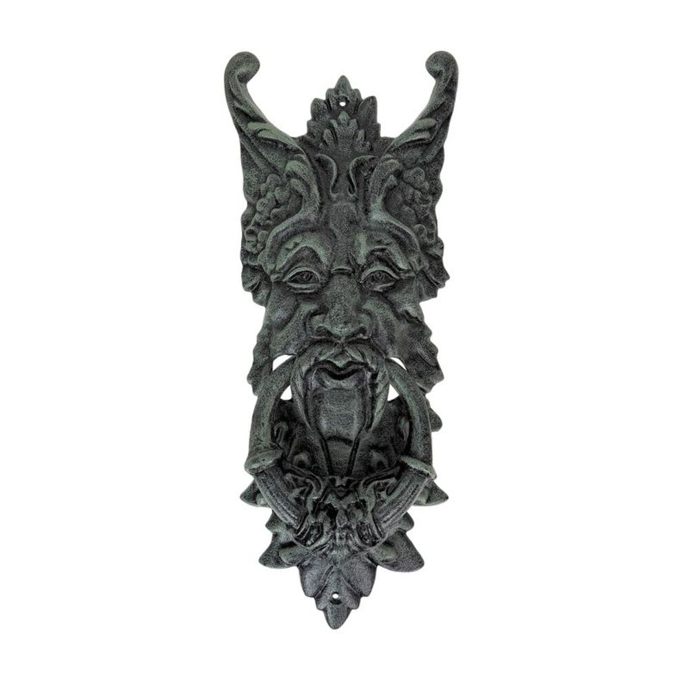 Gothic Green Man Door Knocker Verdigris Cast Iron 19 in Wall Mounted